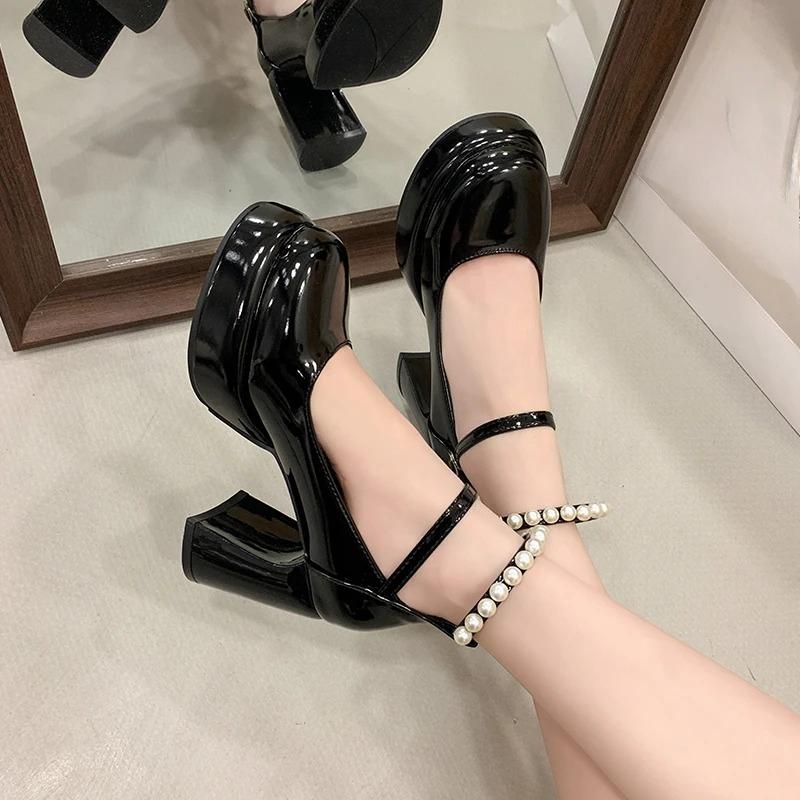 French Pearl Mary Jane Women's Round Toe Shallow Mouth One Buckle Strap Block Heel Platform Pumps