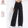 Ontwerp Parels Broek Zwarte Knoppen Kwast Wijde Pijp Jeans
