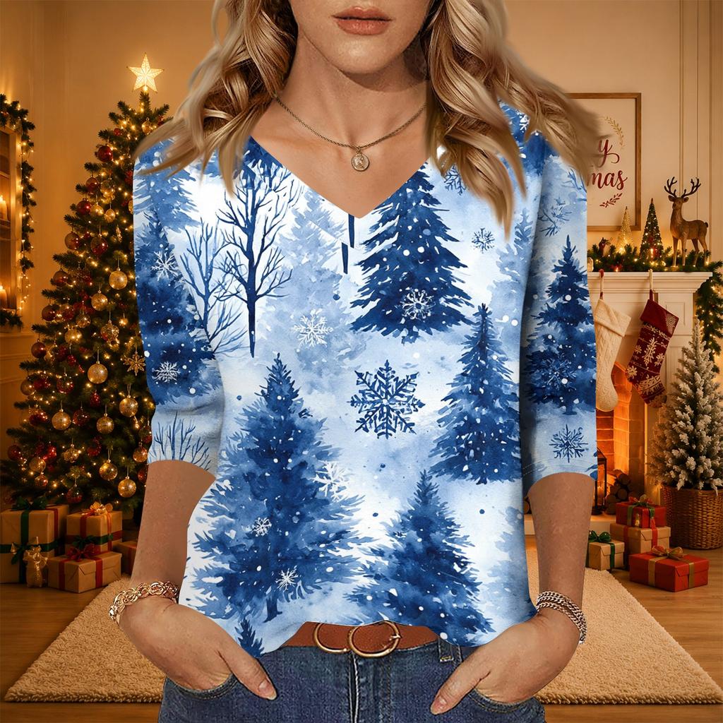 Women's Christmas Print V-Neck Three-Quarter Sleeve Loose Fit Casual Shirt