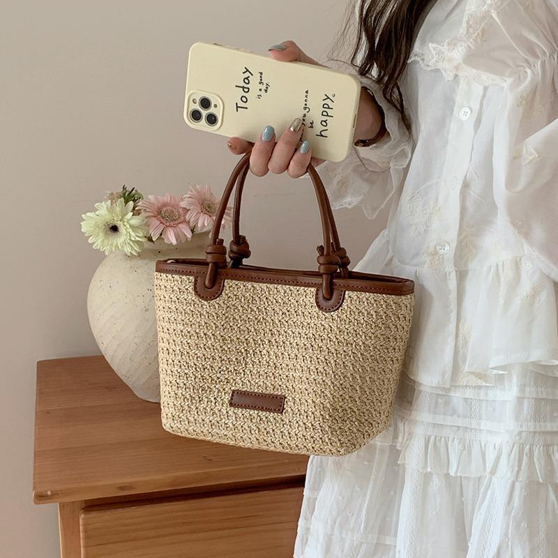 Borsa Estiva da Spiaggia in Paglia Intrecciata Borsa a Mano a Spalla Nuovo Stile alla Moda Borsa a Cestino Vegetale Intrecciata con Nodo in Corda Borsa Intrecciata