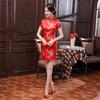 Women Summer Cheongsam Stand Collar Plum Blossom Print Short Sleeves Split Hem Qipao Slim Fit Retro Above Knee Length Wedding Party Cocktail Dress