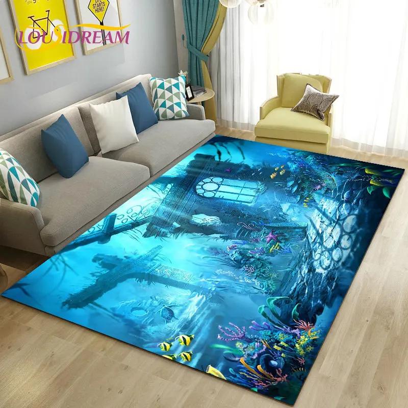 3D Seabed Illusion Underwater World Dolphin Shark Area Rug ,Carpet Rug for Living Room Bedroom Sofa Doormat Non-slip Floor Mat