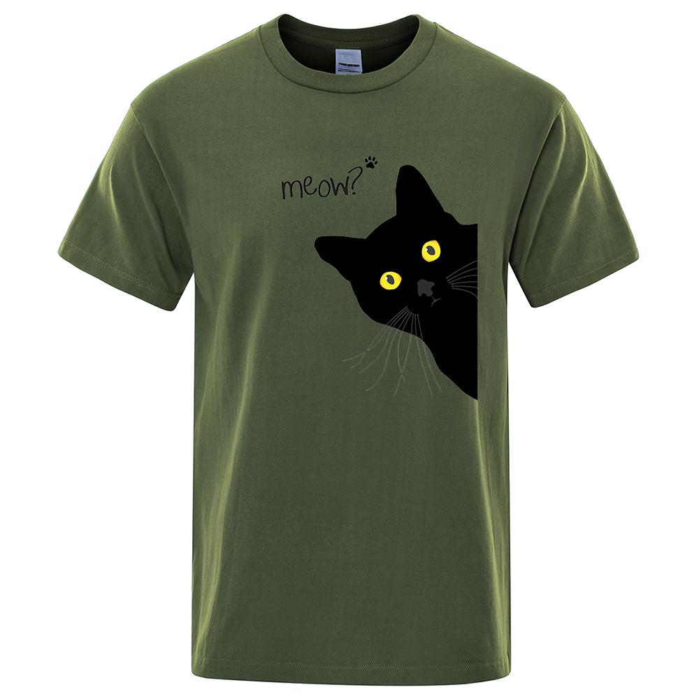 Meow Black Cat Funny Printing Men T-Shirts Breathable Tee Clothes Summer Streetwear Tops Oversized Loose Cotton Short Sleeve