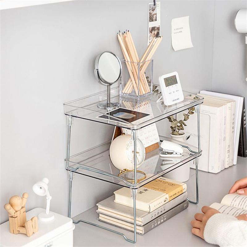 Foldable Transparent Double Desktop Acrylic Shelf Cup Rack Kitchen Bathroom Cosmetic Sundry Shelf