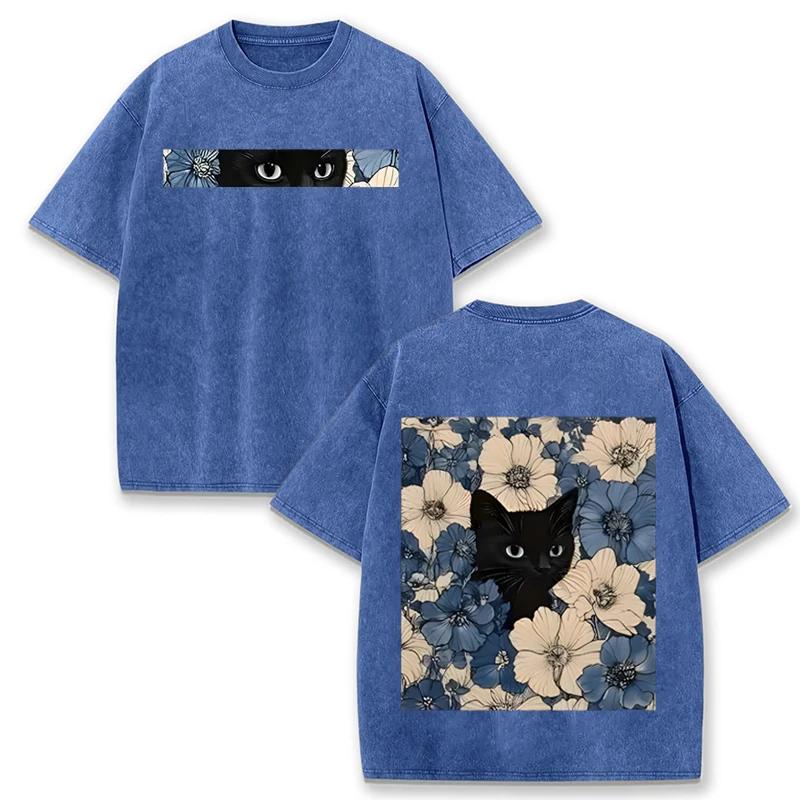 Vintage Schwarz Gewaschen Katze Floral T-Shirt Doppelseitiger Druck Streetwear Lässiges T-Shirt