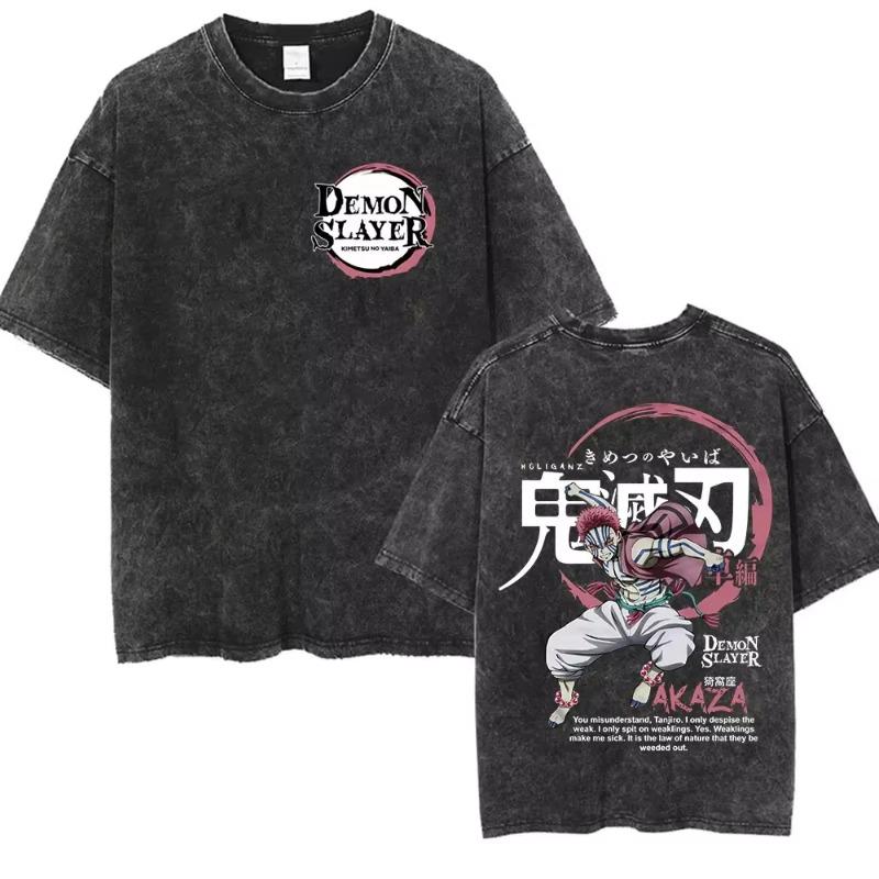 Japanese Anime Demon Slayer Akaza Graphic Washed T-shirts Women’s Men's Clothing Harajuku Y2K Oversized Cotton Half-sleeve Tops