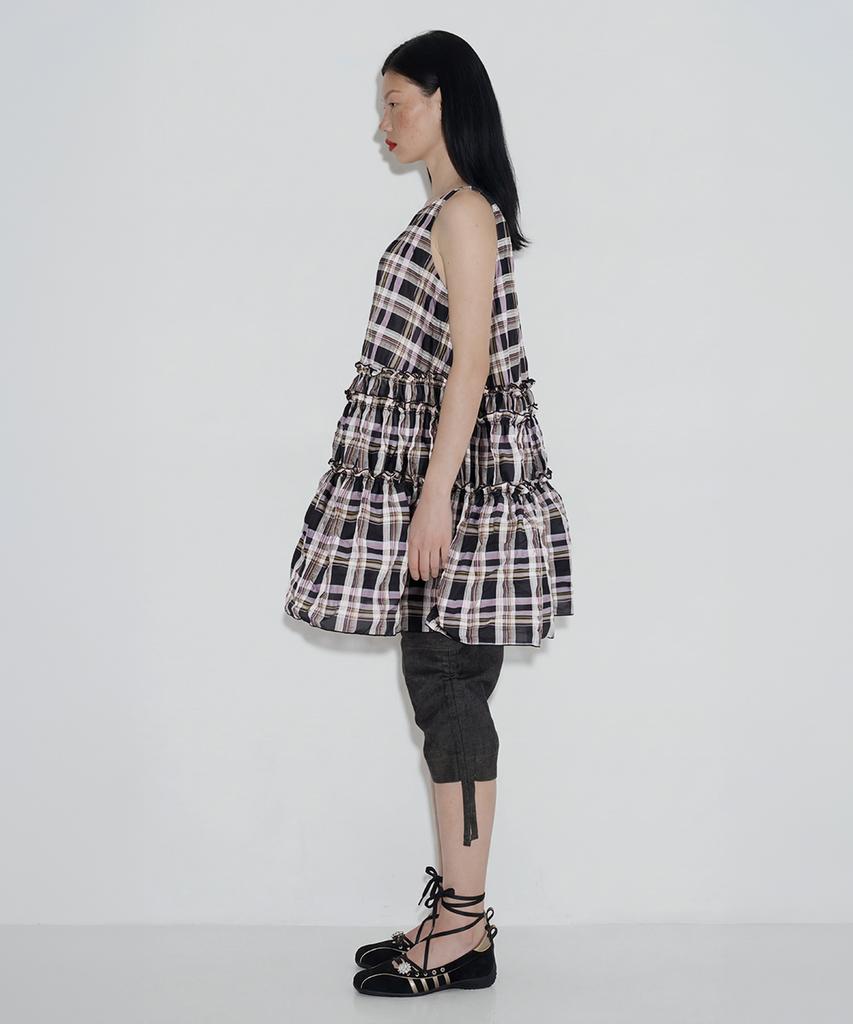 Cecese Tiered Ruffle Check Dress Black