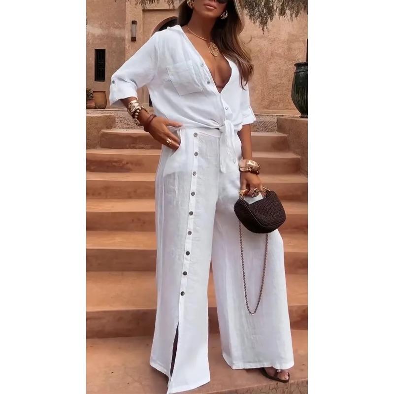 Women's Fashion Casual Spring Autumn Solid Color Print Long Sleeve V-Neck Trousers Pants Suits