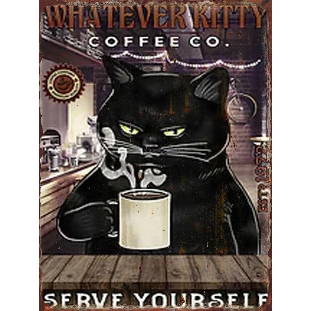 Retro Cat Coffee Metal Tin Sign Wall Decor Vintage Kitchen Art 20x30 Cm