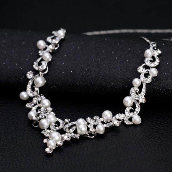 Fashion Alloy Rhinestone Faux Pearl Necklace Earrings Women Bride Jewelry Set