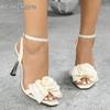 Heels for Ladies Apricot Square Toe Floral Decor Ankle Straps Fashion Sandals Thin High Heeled Party Dress Shoes Elegant Size 35