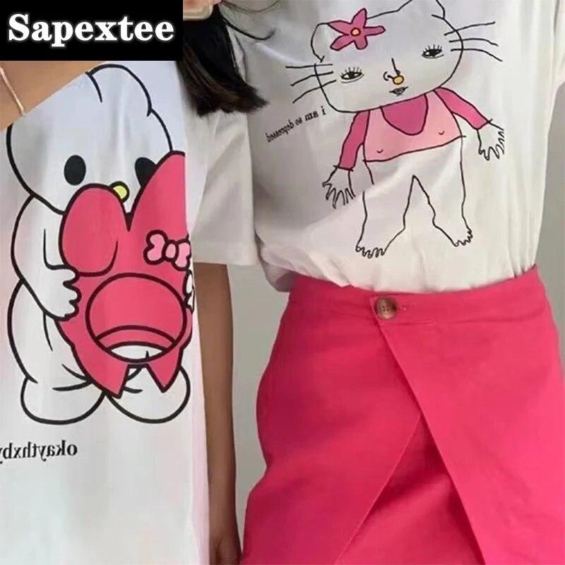 Japanse Harajuku Stijl Grappige Kitty Bedrukte T-shirts Voor Meisjes Wit Plus Size Katoen Ronde Hals Top Korte Mouw Grunge T-shirt Dames
