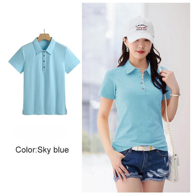 Summer Solid Color Notch Lapel Korean Style Fitted Women's Short Sleeve T-Shirt Simple and Fashionable Top