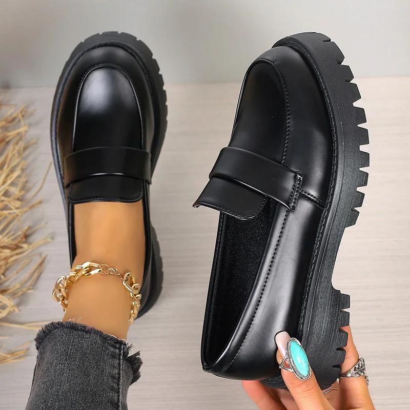 Mocassins à plateforme style britannique pour femmes talons hauts femme bout rond chaussures simples femme semelle épaisse chaussures en cuir PU mujer