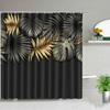 Tropical Green Plant Bathroom Shower Curtains Black Background Gold Palm Leaf Pattern Bath Curtain Waterproof Bathtub Home Decor