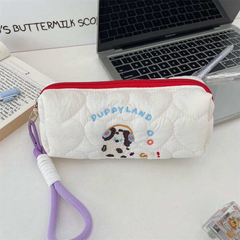 Large Capacity Student Pencil Case: Portable Puppy Embroidered Cosmetic Bag, Cartoon Stationery Storage