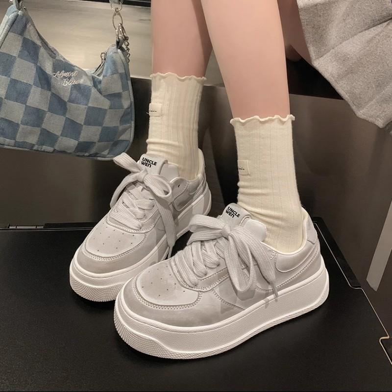 Spring New Muffin Thick-Soled Leather Distressed Casual All-Matching Sports Easy Wear Borad Shoe Women