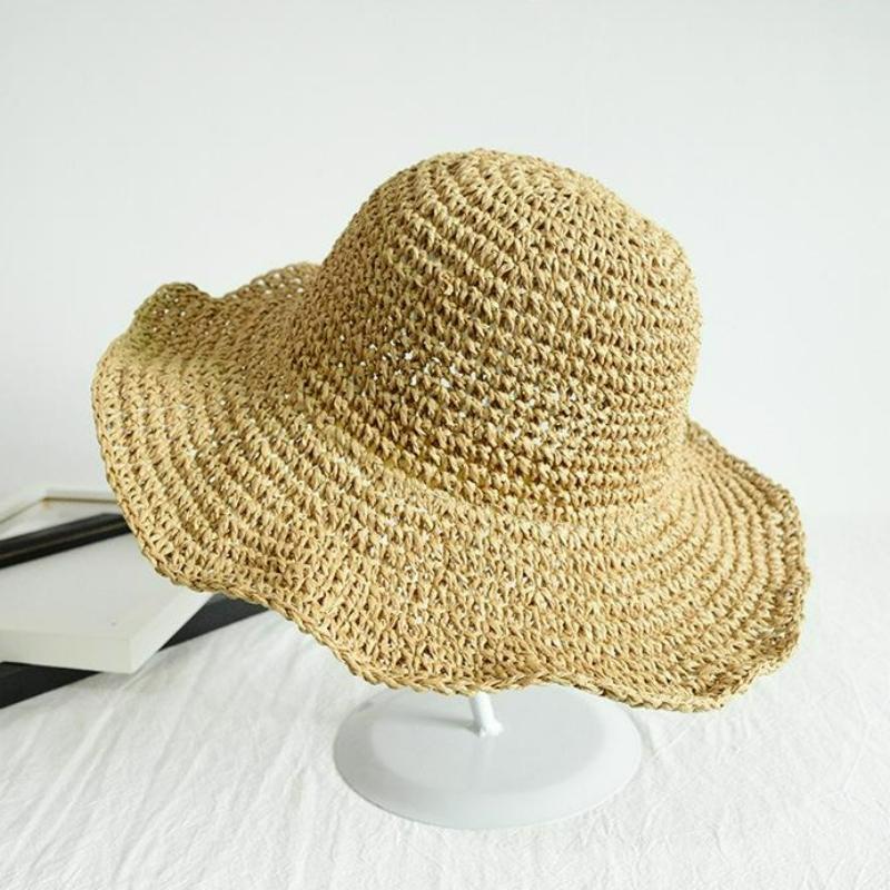 Retro Bohemian Style Women's Straw Summer Outdoor Hat Straw Woven Travel Beach Fisherman Bucket Hat Large Edge Soft Foldable Cap