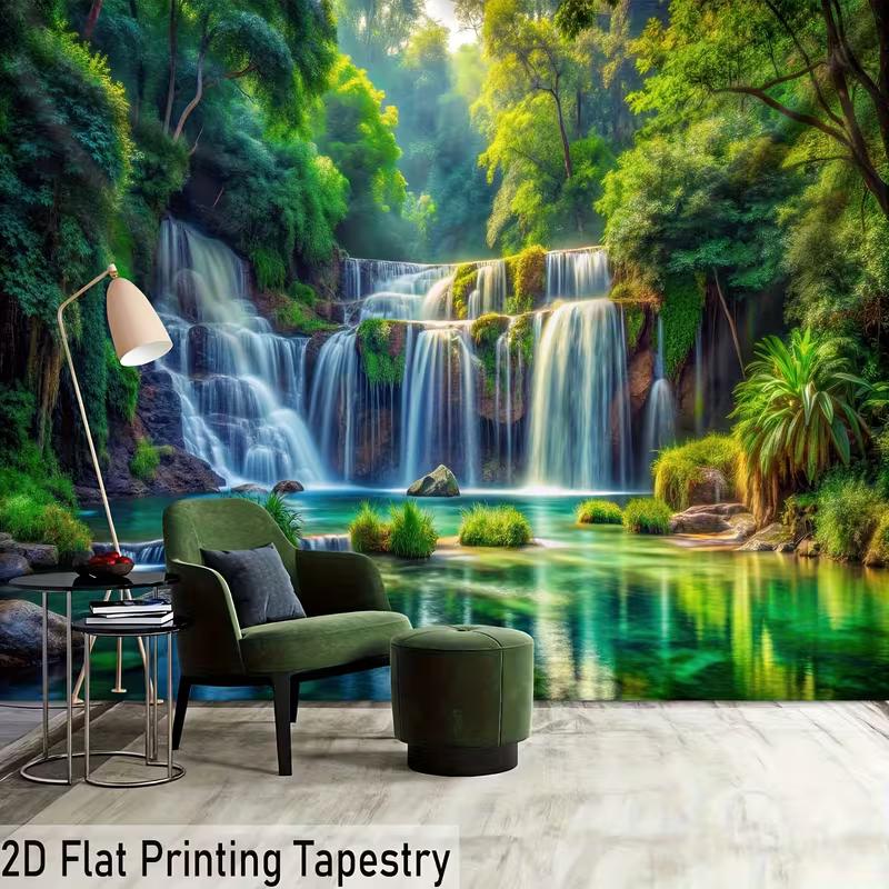 Tropical Forest Waterfall Tapestry Wall Art, Natural Green Scenery Hanging Cloth for Home & Dorm Decoration
