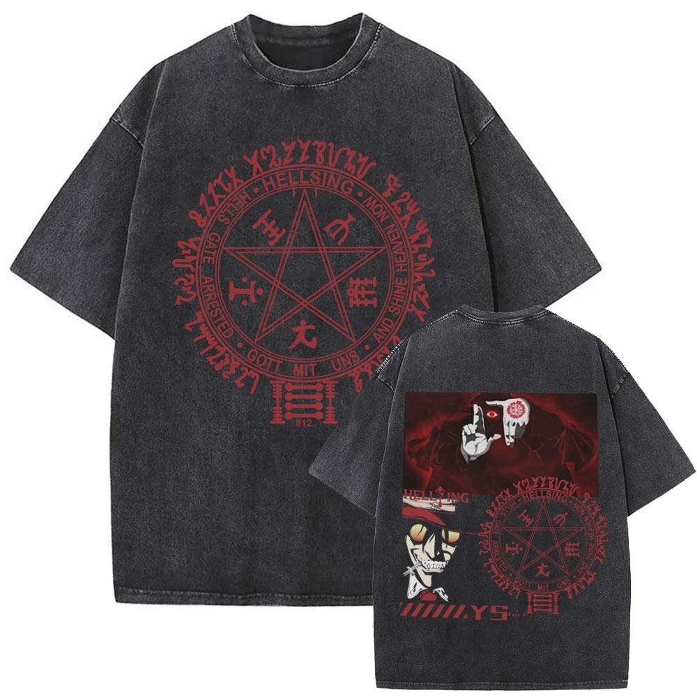 Washed Vintage Anime Hellsing Abraham Van Helsing Vampire Alucard Tshirts Men Women Fashion Casual Oversized T Shirt Streetwear