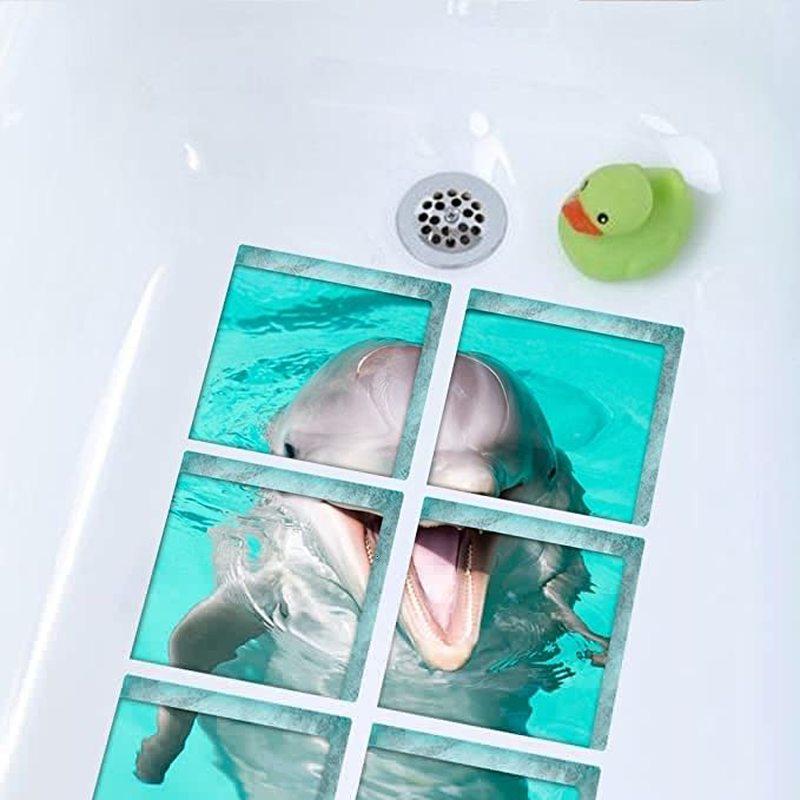 6Pcs Dolphin Pattern DIY Bathtub Sticker Non-slip Waterproof 3D Effect Self-adhesive Bathroom Decal PVC Removable Decorative Mural 15x15cm