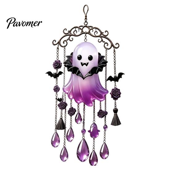 Ghost Theme Pendant Halloween Wind Chime Decoration, Vintage Sun Catcher with Faux Crystal Decorative Tassel Ornament Drops Tassels, Acrylic