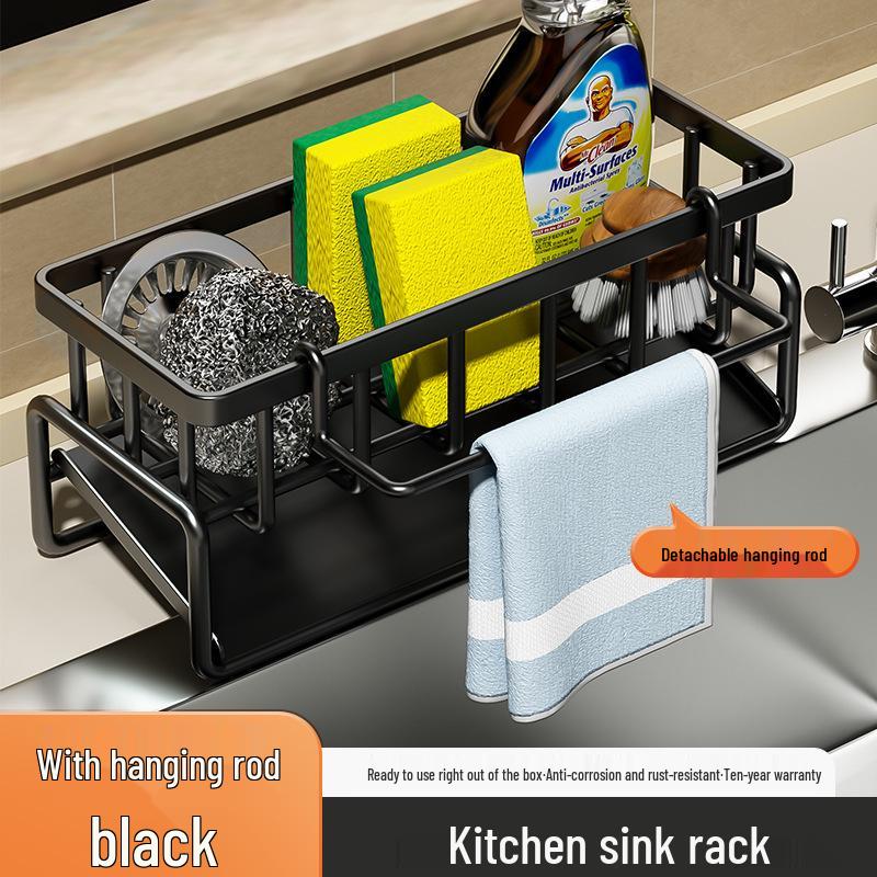 Kitchen Carbon Steel Sink Rack with Storage for Sponges, Draining Rags, and Detergents