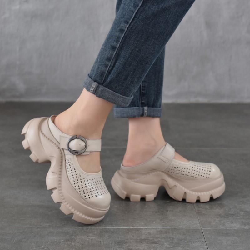 Johnature Mules Légères à Semelles Épaisses et Bout Rond en Cuir Véritable Découpées Respirantes Chaussures pour Femmes