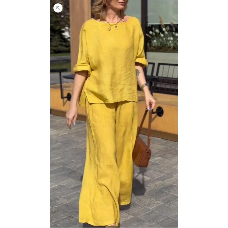 VEZFAA Women's Fashion Casual Spring Autumn Solid Color Print Long Sleeve O-Neck Trousers Pants Suits