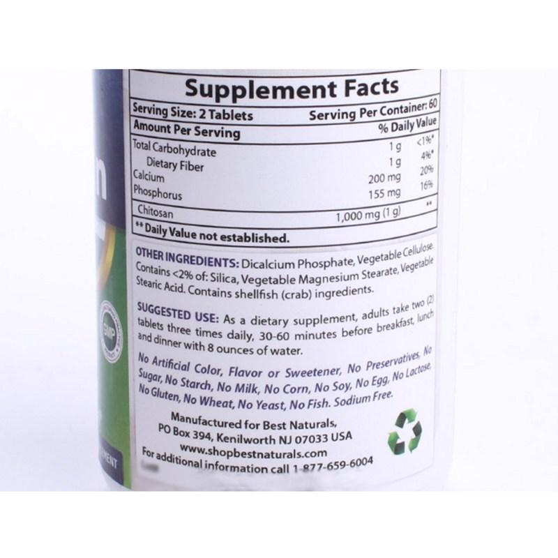 Best Naturals Chitosan 500mg Tablets Sugar-Free Gluten-Free, 120 Tablets, 1 Piece