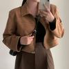 Damen Lässige Cropped Wildlederjacke mit Revers und durchgehendem Reißverschluss, langen Ärmeln, einfarbig, Vintage, Herbst Streetwear Mantel