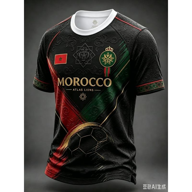 NEW Morocco Team Soccer Jersey Red Green Raglan Sleeve 3D PRINT Short Sleeve Football Shirt Unisex Fan Training Sports Tee Top