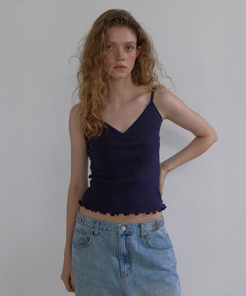 LONQUE Lace Trim Sleeveless Cami Top (Navy)