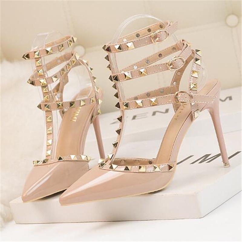 Summer Luxury Women's Pointed Heels Pointed Toe Studs Fashionable Thin Nude Heels Brand Designer Sexy Sandals Heels for Women