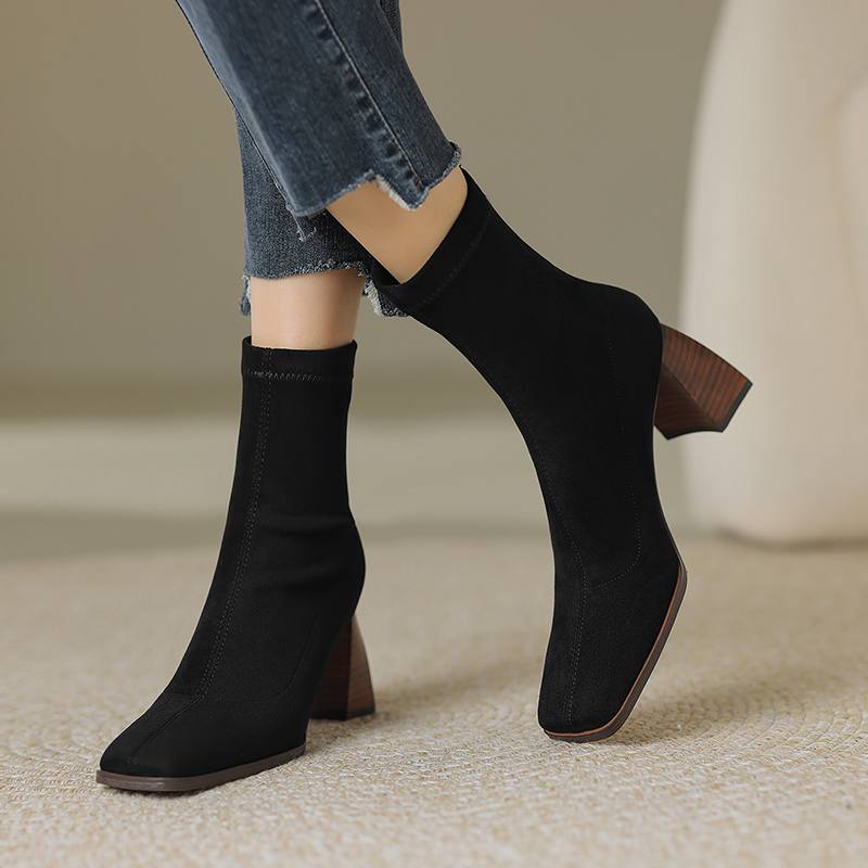 Krazing Pot Flock Winter Square Toe Grosso Salto Alto Zíper Stretch Botas Stovepipe Mulheres Botas de Cano Baixo