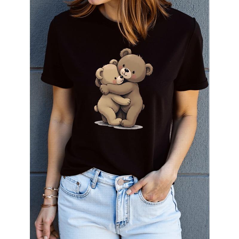 European Size Cute Bear Print T-Shirt - Soft Breathable Quick-Dry Short Sleeve Top with Bear Face & Paw Print - Casual Summer Outdoor Wear