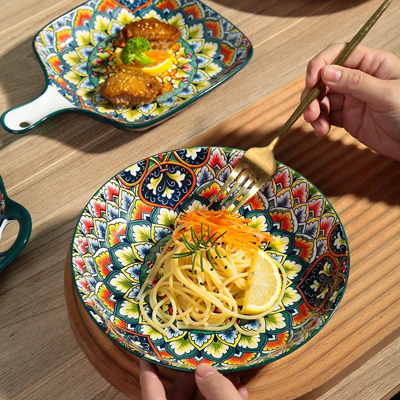 Ceramic Bowl Household Creative Tableware Set Large Soup Bowl Noodle Bowl Rice Bowl Salad Bowl Retro Plate Vegetable Plate