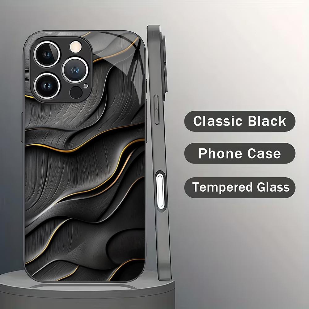 Coque de téléphone en verre trempé à motif texturé noir adaptée pour iPhone 17 16 15 14 13 12 11 Pro/Max/Plus coque arrière anti-chute