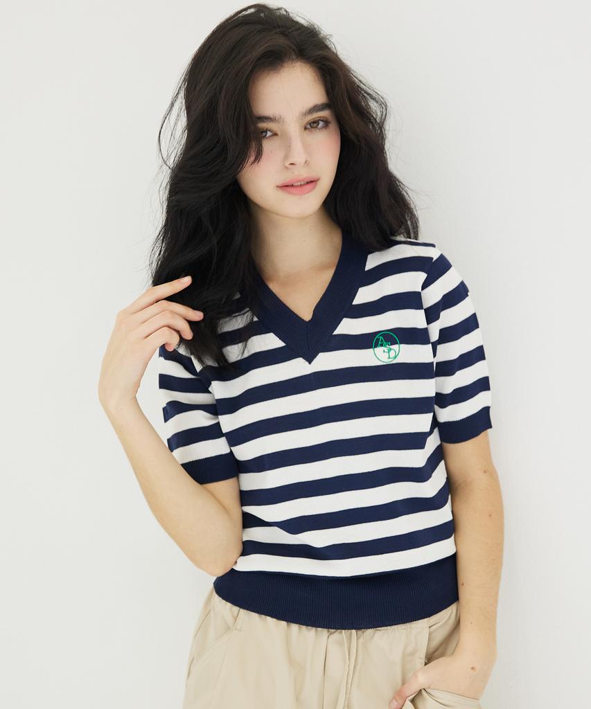 AWESOME STUDIO V-Neck Striped Knit Navy