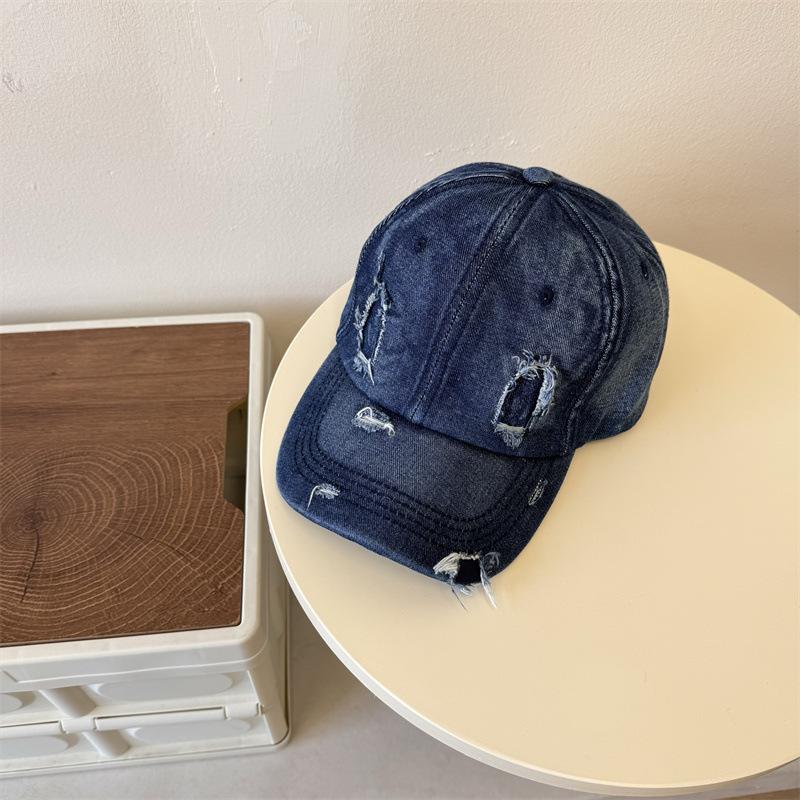 Ripped Denim Cap Women's Winter New Retro Old Fashion Personality Curved Brim Soft Top Show Face Small Baseball Cap