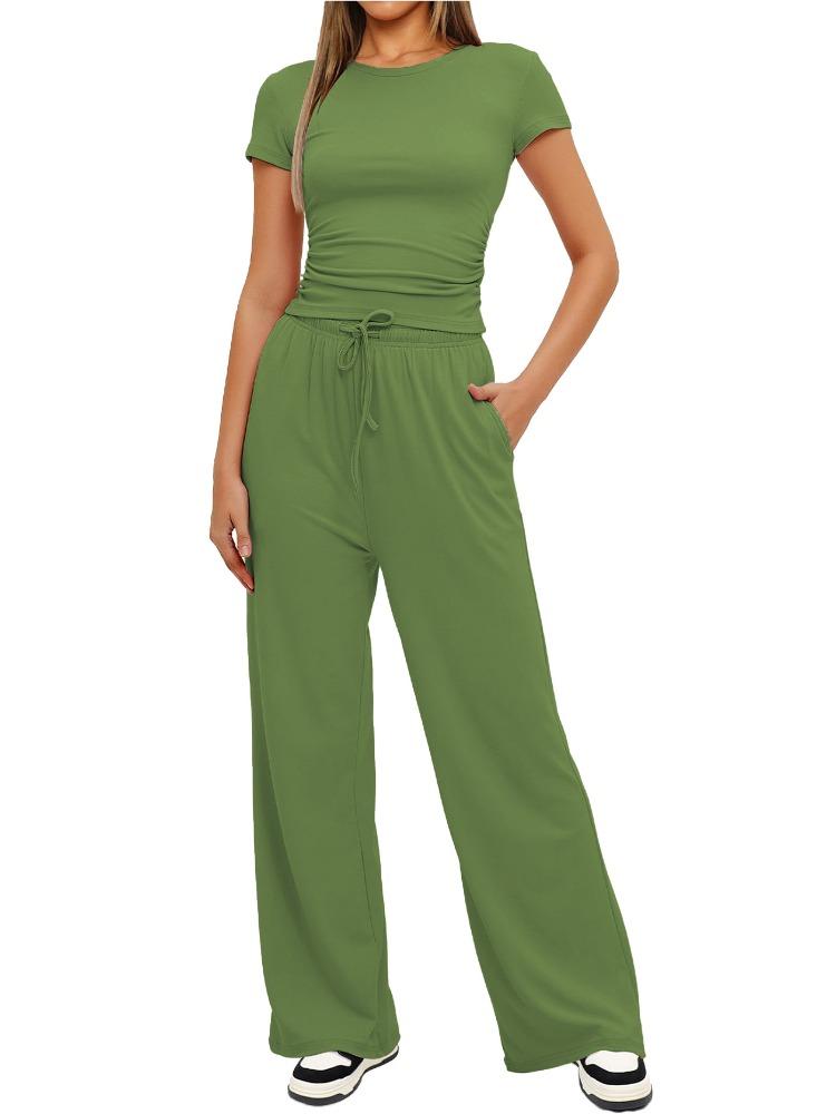 Solid Color Casual Long Sleeve Set Top High Waisted Wide Leg Pants Sportswear