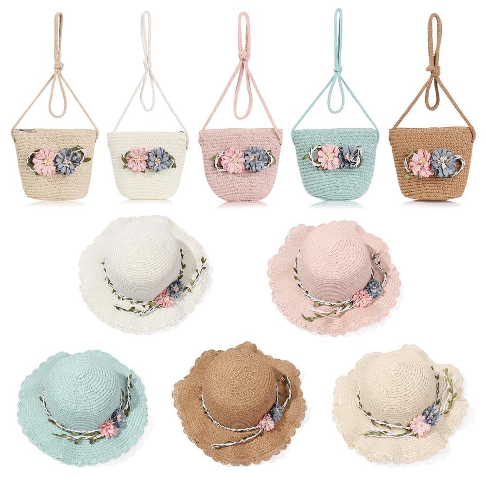 Casual Straw Weaving Toddler Baby Shoulder Bag Wide Brim Hats Flower Sunshade Caps Girls Summer Hat