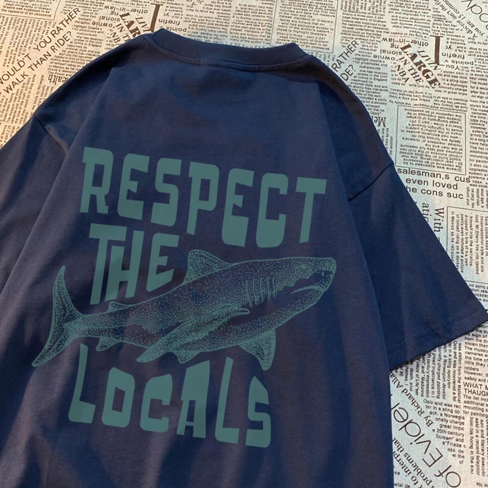 Respect The Locals Shark Printing Tshirt Breathable Street T-Shirt High Quality T Shirts Tee Clothes Summer Cotton Couple Tops