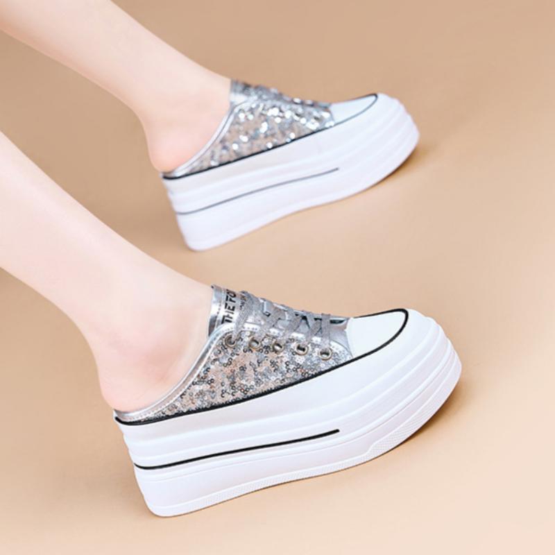 Thick-soled White Shoes for Women Summer Breathable Half Slippers All-match Sports Casual Shoes