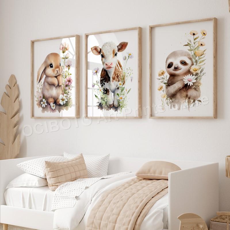 Aquarelltiere Wildblumen Löwe Kaninchen Bär Panda Kuh Flamingo Poster für Wandkunst Leinwanddrucke Bild Baby Kinderzimmer Dekoration