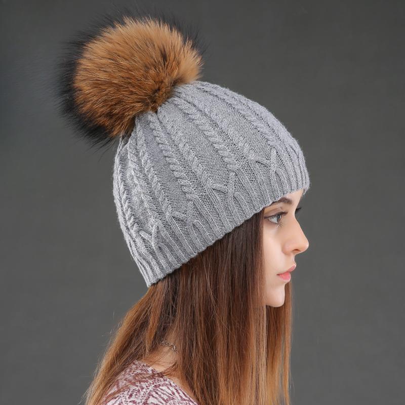 Women Double Deck Knitted Wool Hat Winter Natural Raccoon Fur Warm Caps Female Pom Pom Hats Ladies Fashion Skullies Beanies Cap
