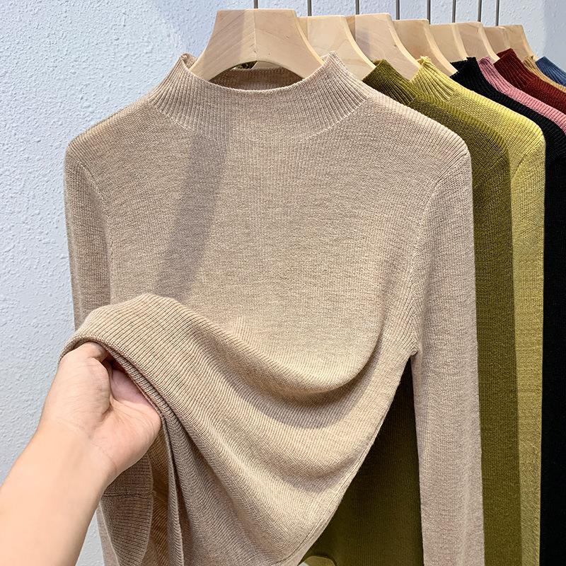 Bottom Shirt Women's New Women's Clothing Temperament Semi-turtleneck Pullover Sweater Warm Inside with Waist Top