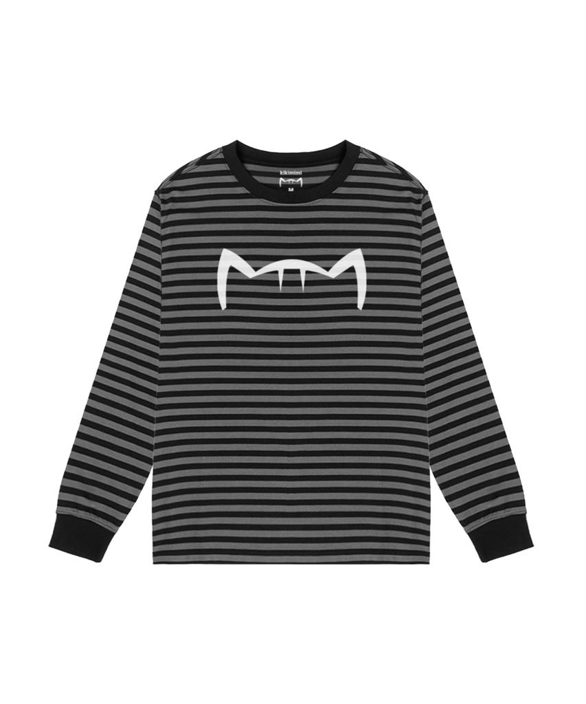 Kikimimi Striped Ribbed Long Sleeve Kitty Big Logo T-Shirt (Black)