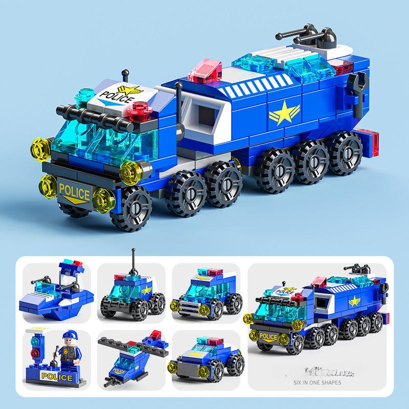 100pcs+ 6IN1 Building Blocks City Fire Car Police Truck Engineering Crane Tank Helicopter Bricks Set Toys for Children Kids