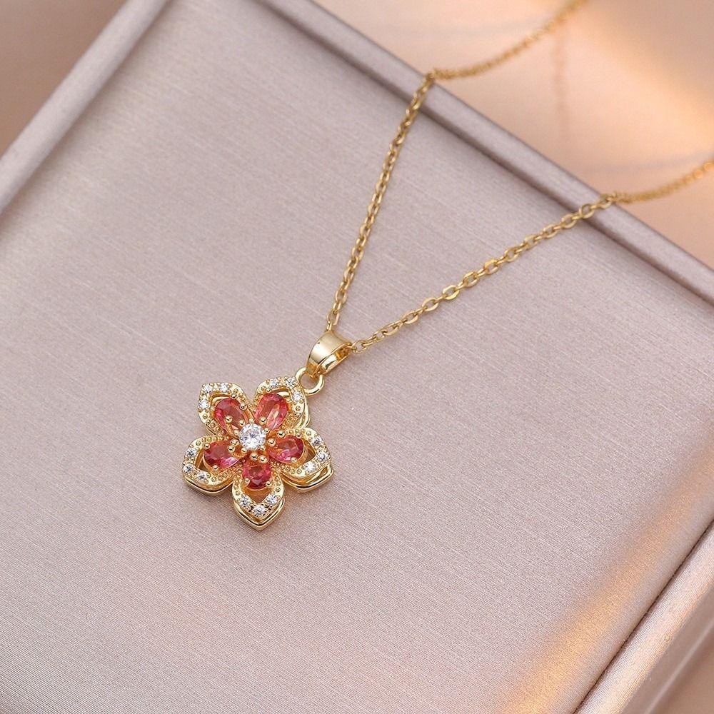 Sweet Zircon Pendant Necklace Shiny Petal Gold Necklace Gifts Rotatable Flowers Choker  Wedding